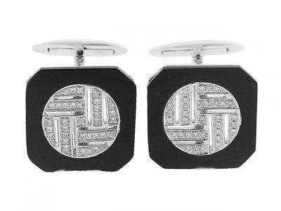 Black Onyx Round Diamond 18k Gold Square Cufflinks