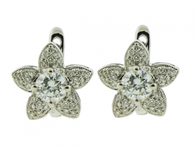 18k White Gold & Pave Diamond Flower Shape Leverback Earring