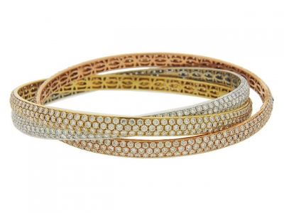 Pave Diamond 18k Tri Tone Gold 3 Band Rolling Bangle Bracelet