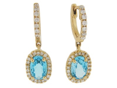Oval Blue Topaz & Diamond 18k Yellow Gold Dangle Earrings