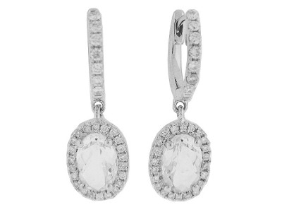 Oval White Topaz & Diamond 18k White Gold Dangle Earrings
