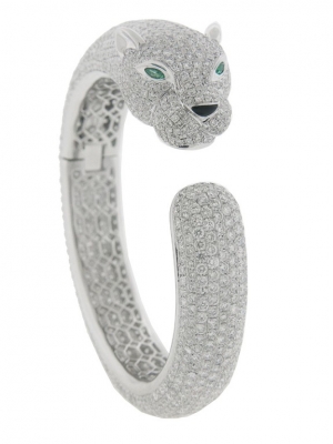 28.02ct Pave Diamond 18K White Gold Panther Bangle Bracelet