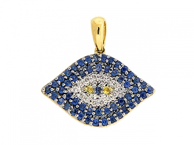 Diamond Blue Yellow Sapphire Evil Eye 18k Yellow Gold Pendant