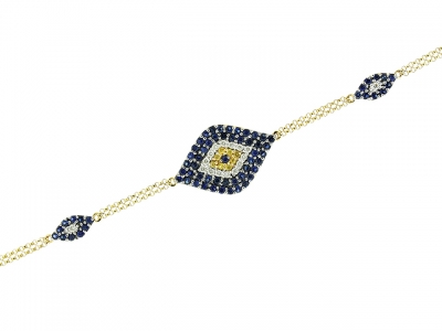 Diamond & Sapphire 18k Yellow Gold Large Evil Eye Bracelet