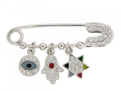 Diamond Evil Eye Hamsa & Star of David 18k Gold Safety Pin