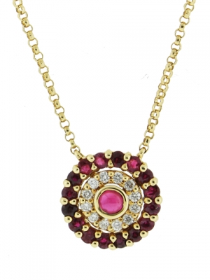 Diamond & Ruby Sapphire Circle Shape Evil Eye Pendant 18k Yellow Gold Necklace