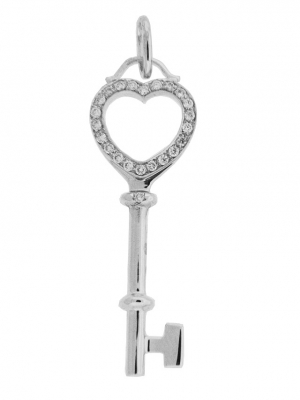 Pave Diamond 18k White Gold Open Heart Key Pendant