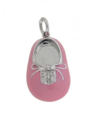 Pink Enamel Baby Girl Shoe 18k White Gold Diamond Charm