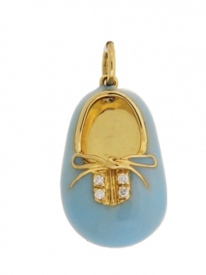 Blue Enamel Baby Shoe Diamond Charm 18k Yellow gold