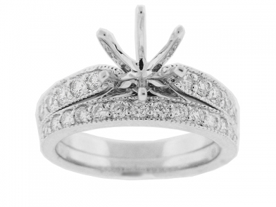 Round Diamond 18k White Gold Milgrain Bridal Set Rings