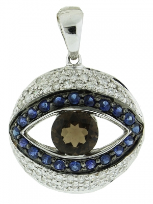 18k Solid White Gold 0.49ct Blue Sapphire & Diamond Brown Topaz Center Evil Eye Pendant