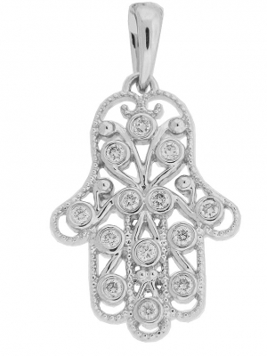 Bezel Set Diamond 18k Gold Milgrain Hamsa Pendant