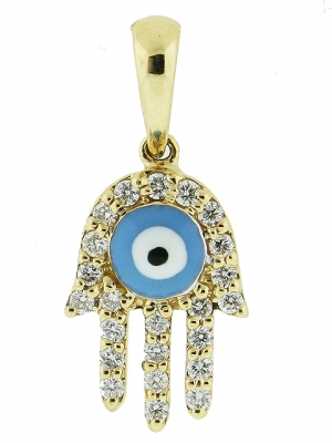 18k Yellow Gold & Blue Enamel Evil Eye .20ct Diamond Hamsa Hand Pendant