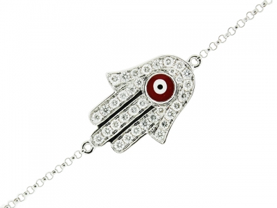 Pave Diamond & 18k White Gold Red Enamel Evil Eye Hamsa Hand Bracelet
