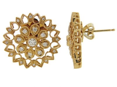 Diamond 18k Yellow Gold Milgrain Flower Stud Earrings