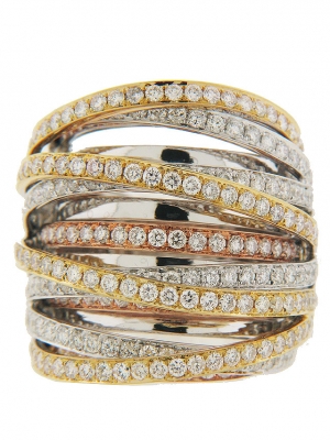 3.87ct Diamond Multi Row Tri Color 18k Gold Ring