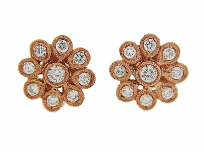 Bezel Set Diamond 18k Rose Gold Milgrain Flower Stud Earrings