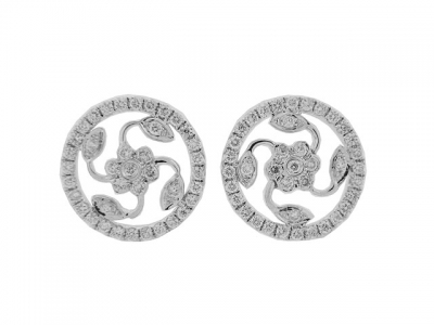 Pave Circle with Flower 18k White Gold Stud Earrings