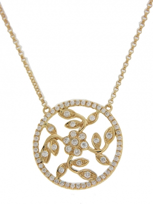 Diamond 18k Yellow Gold Circle & Flower Necklace