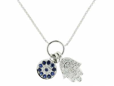 Diamond & Sapphire Evil Eye & Hamsa Charm 18k White Gold Necklace