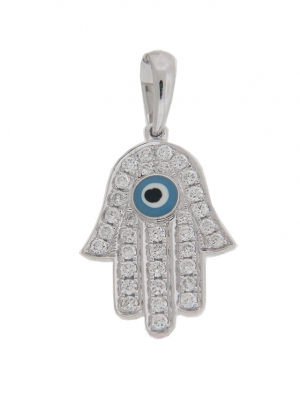 Pave Diamond & Enamel 18k White Gold Hamsa Pendant