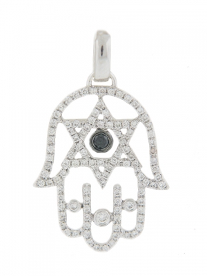 18k White Gold Star of David Black Diamond Center Hamsa Pendant