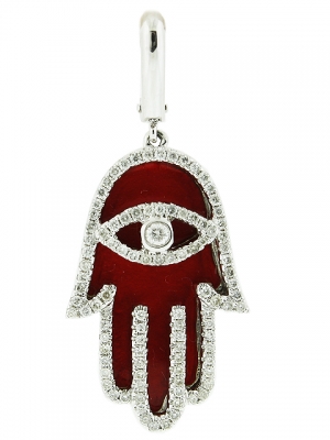 Pave Diamond Evil Eye & Red Enamel Hamsa Hand Pendant