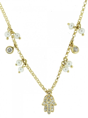 18k Solid Yellow Gold Mini Pearls & Diamond Hamsa Hand Necklace