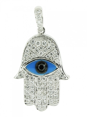 0.82ct Diamond & 18k White Gold Enamel Evil Eye Hamsa Hand Pendant