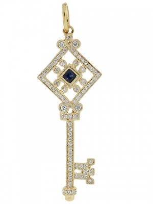 Diamond & Center Sapphire 18k Yellow Gold Diamond Top Shape Key Pendant