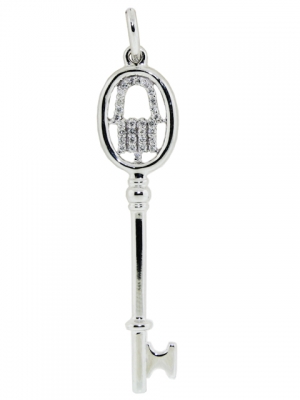 18k Solid White Gold & Diamond Hamsa Hand Oval Top Key Pendant