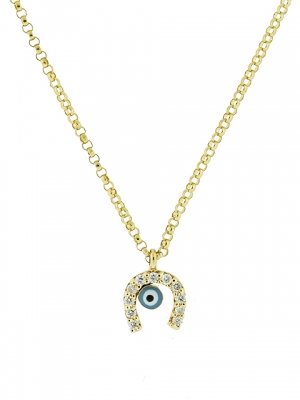 18k Yellow Gold Horse Shoe & Enamel Evil Eye Charm Necklace