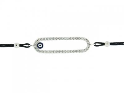 18k White Gold Rounded Rectangle Shape Diamond & Enamel Evil Eye Black String Bracelet