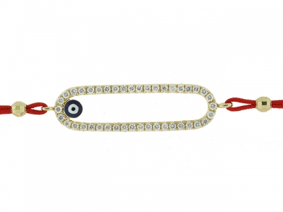 18k Yellow Gold Rounded Rectangle Shape Diamond & Enamel Evil Eye Red String Bracelet