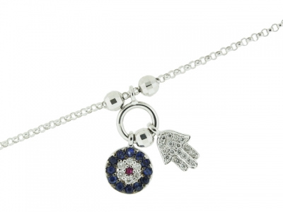 18k Circle Shape Evil Eye Diamond Blue & Ruby Sapphire Hamsa Hand Mini Charm Bracelet
