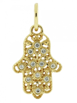 18k Yellow Gold & Diamond Mini Hamsa Hand Pendant