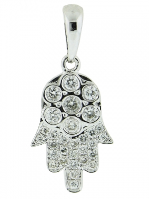 18k Solid White Gold 0.33ct Flower Shape Diamond Hamsa Hand Pendant