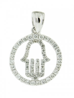 18k Solid White Gold Circle Shape Diamond Hamsa Hand Pendant