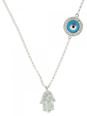 Diamond & White Gold Evil Eye Charm & Hamsa Necklace