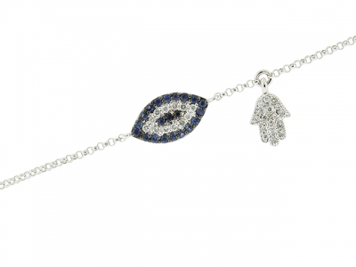 Diamond & Sapphire Evil Eye & Mini Hamsa Hand Charm Bracelet