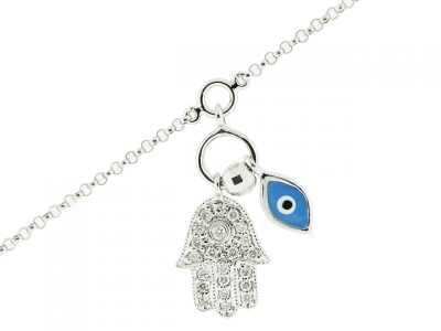 18k Solid White Gold Diamond Hamsa Hand & Mini Enamel Evil Eye Pendant Bracelet