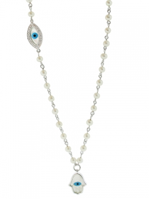 18k White Gold Mother of Pearl Hamsa & Diamond Evil Eye Pendant Necklace