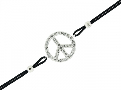 18k White Gold & 0.43ct Diamond Peace Symbol Pendant Black String Bracelet
