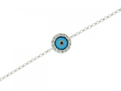 18k Solid White Gold & Circle Shape Diamond Blue Enamel Evil Eye Bracelet