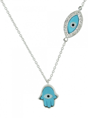 18k White Gold Diamond & Blue Enamel Evil Eye and Hamsa Hand Pendant Necklace