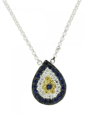 Diamond & Sapphire 18k White Gold Pear Shape Evil Eye Pendant Necklace