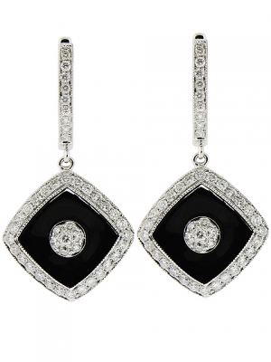 18k White Gold Diamond Shape Black Onyx & 0.95ct Diamond Dangle Earring