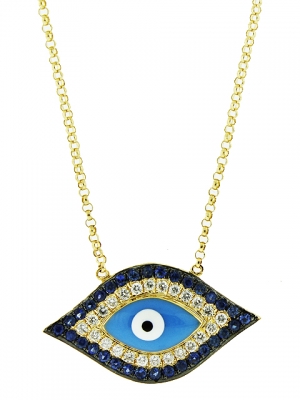 Diamond & Sapphire Enamel Blue & Black Evil Eye 18k Gold Necklace