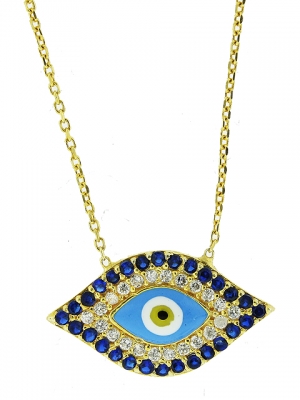 Diamond & Sapphire Enamel Blue & Yellow Evil Eye 18k Gold Necklace