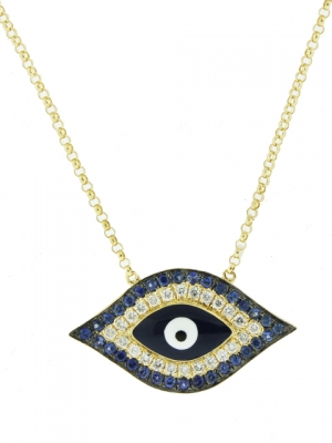18k Yellow Gold Diamond Sapphire & Dark Blue Enamel Evil Eye Necklace